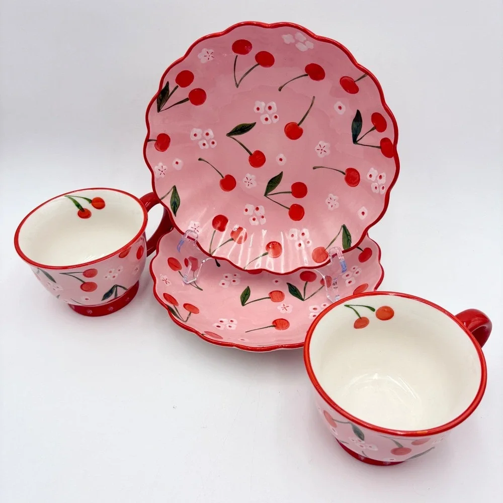 Potters Studio Cherry Blossom Bowl Cup Set Pedestal Mug Plate Pink Cottagecore